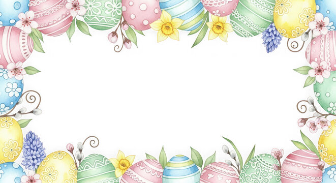 A festive watercolor floral border featuring soft pastel spring flowers and decorative eggs here