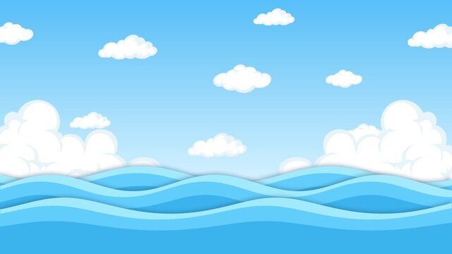 Animated blue ocean waves under bright sky with fluffy white clouds moving gently.