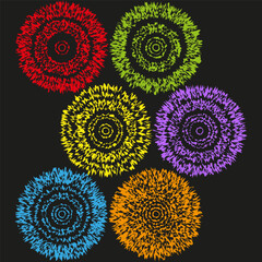 Naklejka premium Colorful mandala set. Vibrant flower Vector. Black background scene. Abstract sun element. Manual vector only. No autotrace used.