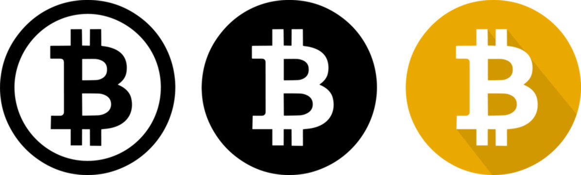 Variations of the bitcoin cryptocurrency logo displayed in different styles