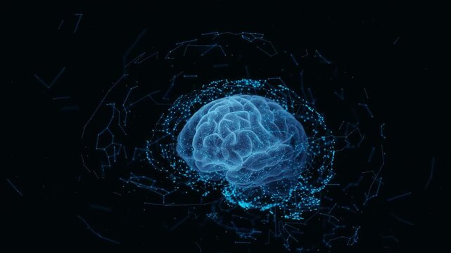 Technology Artificial intelligence AI blue brain animation digital data concept. Futuristic Cyber Technology Innovation network. tech HUD UI backgrounds
