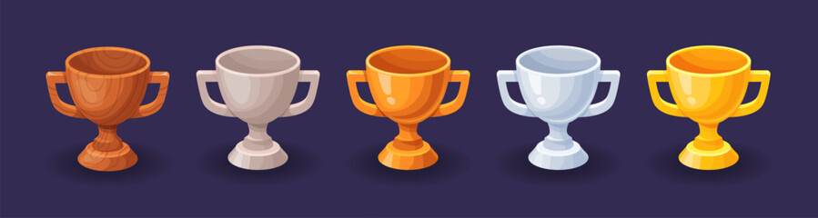 Game trophy cups ui. Winner trophies cup gold silver stone wood elements props icons, cyber sport gaming gui champion goblet level rank reward, cartoon set neat vector illustration © ssstocker