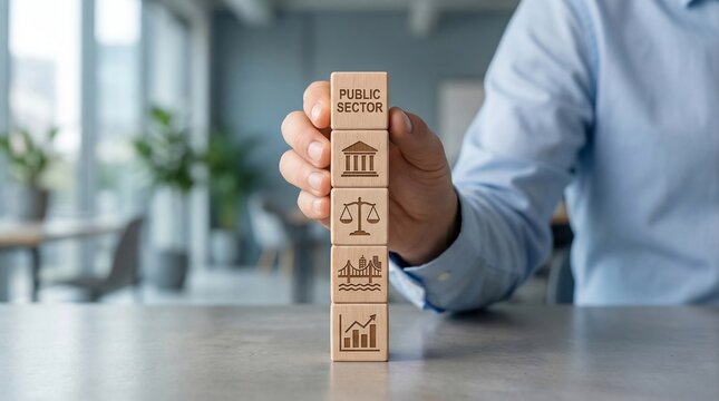 Public Sector Governance Concept with Wooden Blocks, Justice, Infrastructure and Economic Growth Symbols