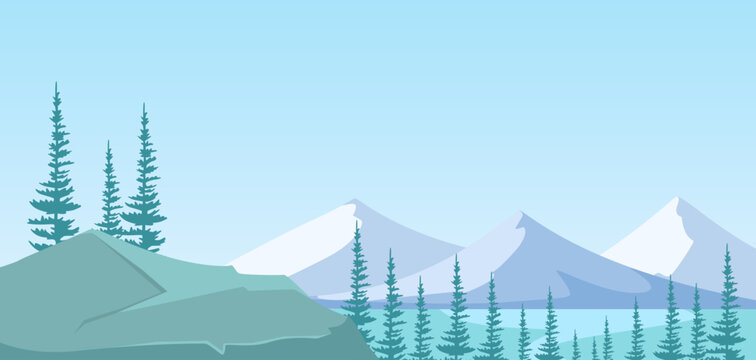 Mountain scenery with pine trees in flat style on a clear sky background, symbolizing nature tranquility. Vector illustration