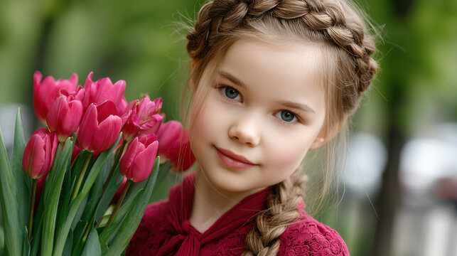Young girl child tulip flower bouquet spring braid hairstyle pink green young girl child with tulip flower bouquet spring braid hairstyle pink green background outdoor portrait tender smile
