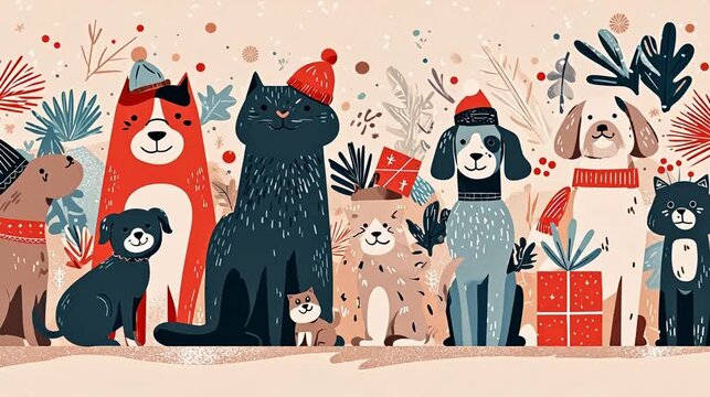 Animated pets in winter hats and gifts