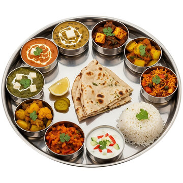 A traditional indian thali with various dishes and rice