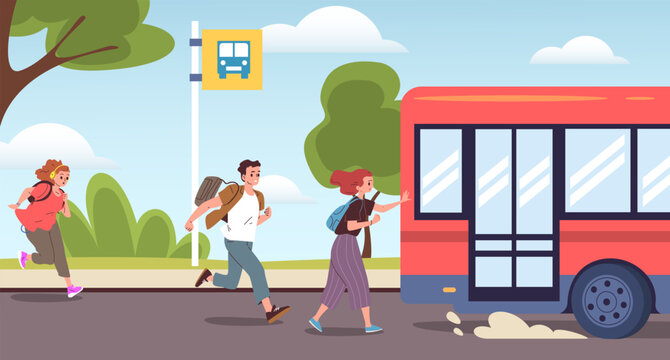 People late bus. Man run behind bus, hurry woman catch miss chase public transport latecomer person stop station city traffic cartoon running character classy vector illustration