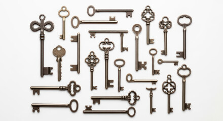 Obraz premium Antique Keys Collection Assorted Vintage Metal Skeleton Keys on White Background