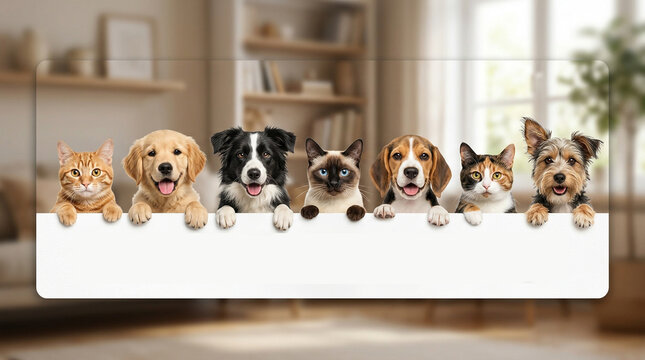 A diverse group of adorable puppies and kittens peeking over a white blank board with copy space in a cozy home setting, perfect for veterinary or pet store advertising.