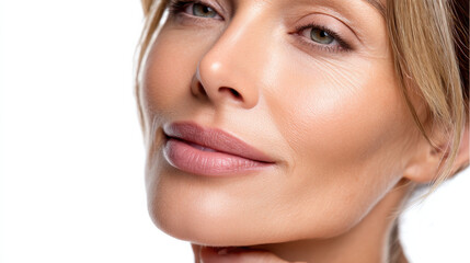 Obraz premium Mature woman face smooth skin natural makeup soft jawline soft chin anti aging middle aged female beauty skincare cosmetic treatment mature woman face with smooth skin, natural makeup