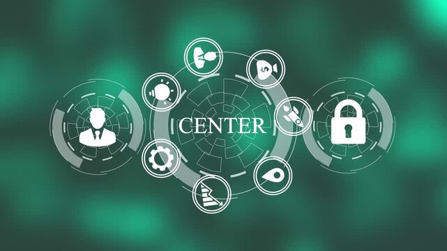digital center technology hud interface animation with teal neon glowing business icons and network connection nodes on dark tech background.