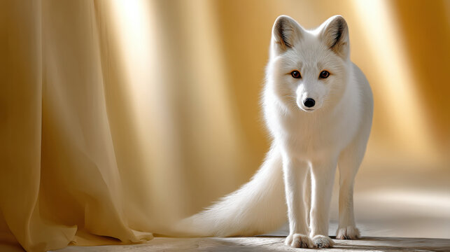 White fox platinum fur golden light soft focus elegant animal fluffy tail standing pose warm background dreamy scene magical mood White fox with platinum fur stands golden light with fluffy tail
