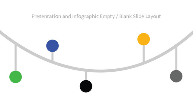 Curved grey line with colorful circles hanging down as markers on a blank presentation slide
