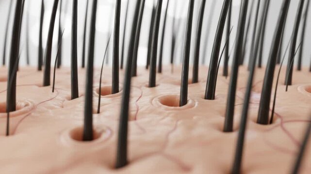 ヒト幹細胞培養液が頭皮に注入されて、髪の毛が生えて再生するCGアニメーション  発毛や育毛イメージ　