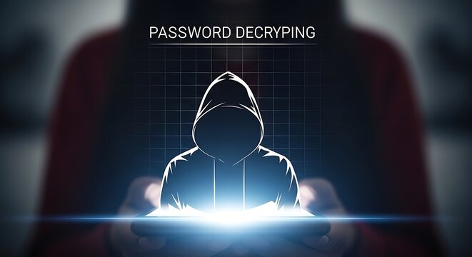 A hooded hacker attempting to decrypt a password on a tablet in a dark environment