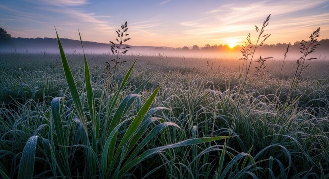 &ldquo;A serene meadow at dawn where large-leaf grasses are coated in shimmering dew, gentle mist hovering above the ground in cool morning light.&rdquo;