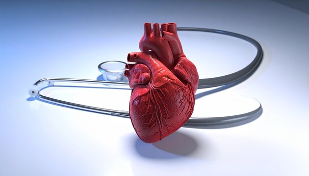 A medical anatomical digital illustration of a realistic human heart model placed on a flat surface. The heart is depicted in vivid detail, showing veins, arteries, and a textured organic surface. Beh