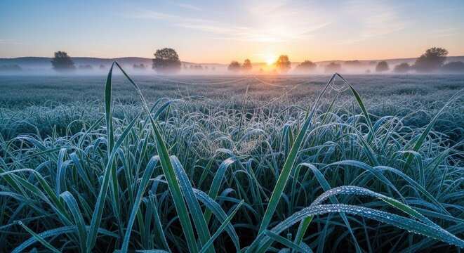 &ldquo;A serene meadow at dawn where large-leaf grasses are coated in shimmering dew, gentle mist hovering above the ground in cool morning light.&rdquo;