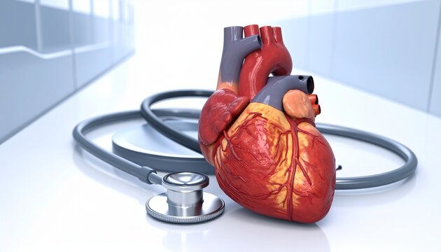 A medical anatomical digital illustration of a realistic human heart model placed on a flat surface. The heart is depicted in vivid detail, showing veins, arteries, and a textured organic surface. Beh