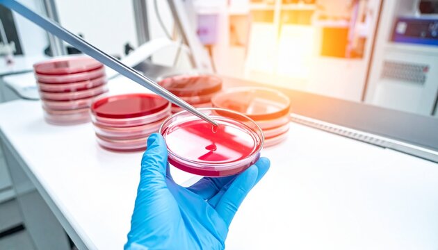 A scientific medical digital illustration of several petri dishes containing red-colored culture media, illuminated by warm light reflections. A gloved hand holds a metal inoculating loop, touching th