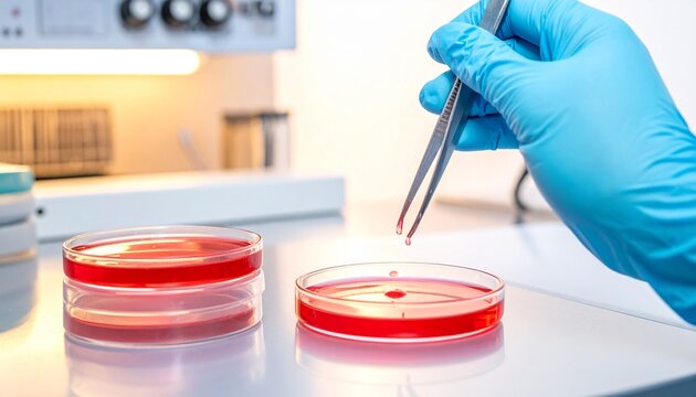 A scientific medical digital illustration of several petri dishes containing red-colored culture media, illuminated by warm light reflections. A gloved hand holds a metal inoculating loop, touching th