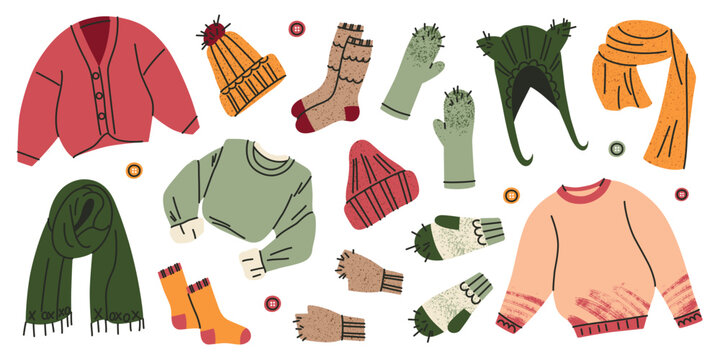 Warm winter clothing doodle set, cute hand drawn sweaters, cardigans, scarves, hats, socks and mittens. Cozy autumn and winter wardrobe textured vector illustration with grainy texture