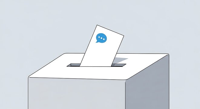An animated image of a ballot box with a speech bubble icon paper being inserted