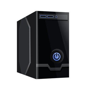 Picture shows black computer tower in simple graphic style on white background, concept of home appliance Vector illustration