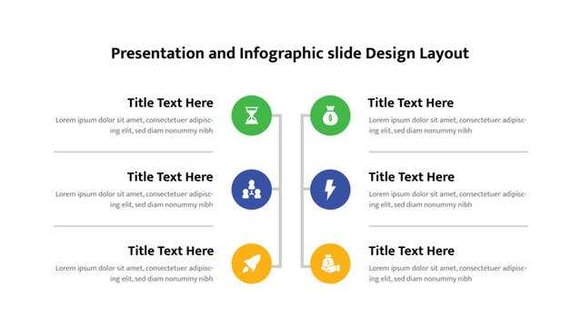 Infographic presentation template features six detailed text sections with colorful topic icons