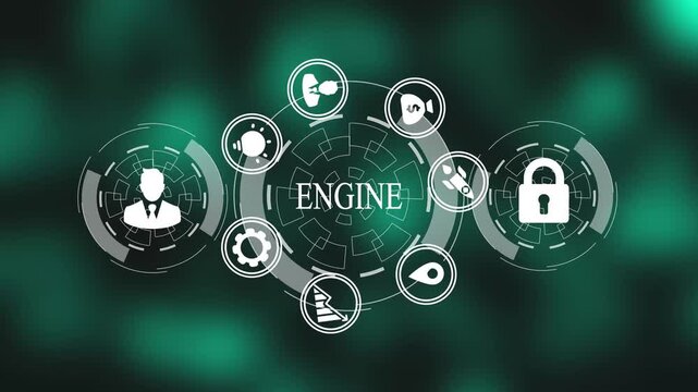 futuristic neon engine technology animation with business icons and glowing digital infrastructure on dark background.
