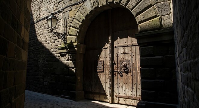 Ancient, heavy wooden door within a stone archway, set in a narrow cobblestone alley