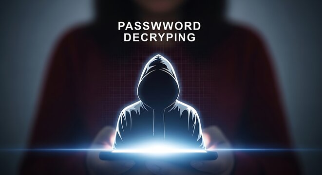 A hooded figure is engaged in password decryption in a dark and mysterious setting.