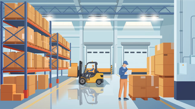 Workers with forklift moving boxes in warehouse, flat style on bright background showing logistics concept. Vector illustration