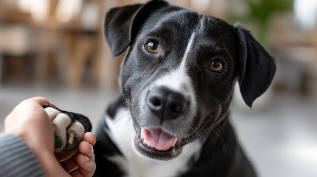 Dog paw handshake bond friendly black dog human hand closeup happy pet trust home cute animal smile friendship affection