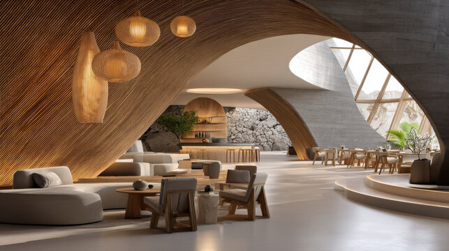 Modern lobby wood interior luxury hotel curved architecture natural light minimalist design lounge area open space bar counter indoor tree Modern lobby wood interior luxury hotel curved