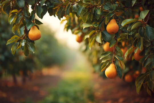 Ripe Pears hanging on a Pear Tree branch in garden, copy space. Orchard background