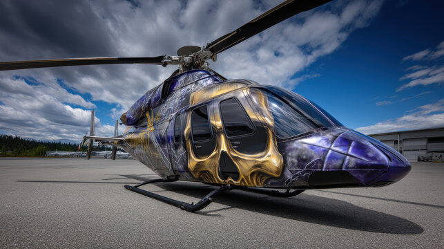Custom skull helicopter airbrush skull art luxury private helicopter purple helicopter gold skull design modern aircraft dramatic sky aviation parked helicopter runway