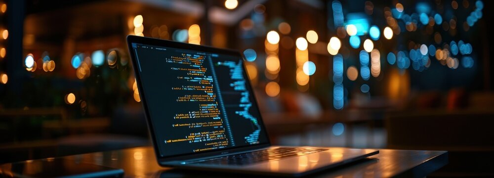 Digital Code: Captivating close-up of a laptop displaying lines of programming code, illuminated by the soft glow of indoor lighting.