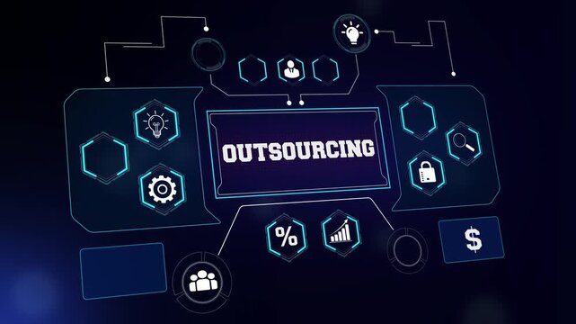 Professional outsourcing dashboard background with glowing icons suitable for remote work reports, international service promos, and tech focused backgrounds