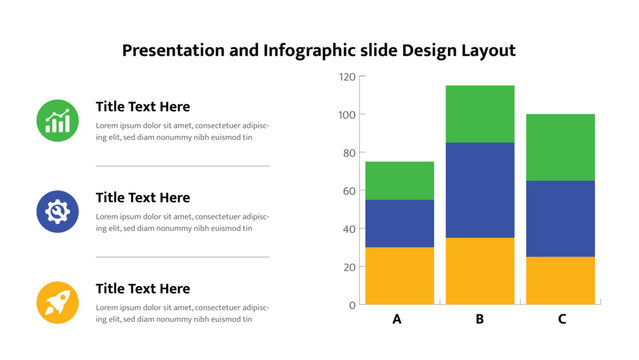 Presentation slide combines a stacked bar chart with three categorical information points and icons