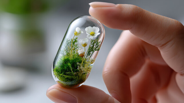 Hand pill glass flower moss nature capsule miniature green delicate hand pill glass flower moss nature capsule miniature green delicate fragile eco concept fantasy micro garden focus