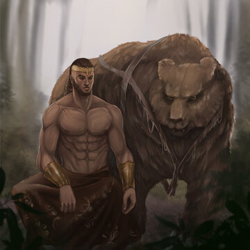 warrior man in a suit with his monster bear guard