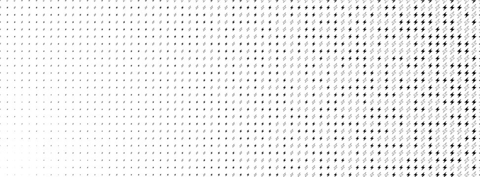 Light electric pattern energy current, lightning bolt icons texture glowing on white background. Charge energy pattern for power, speed quick and slow charger, halftone neon BG. Vector illustration