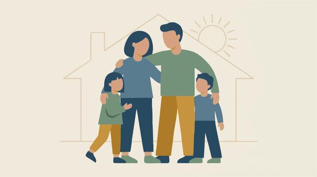 Happy family of four with two children standing in front of a home outline