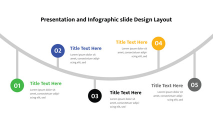 Obraz premium Process timeline infographic slide template with five numbered steps along a curving gray path