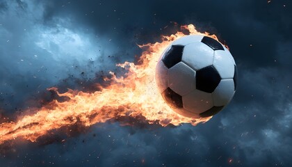 Fototapeta premium Soccer ball on fire flying through dark stormy sky with dramatic flame trail