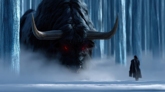 Giant demon bull red eye dark forest winter snow fantasy monster eerie fog mysterious man danger cinematic surreal scene of massive horned beast confronting lone figure in frozen woods