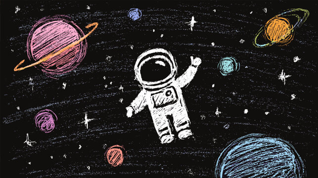 Astronaut outer space. Child chalk drawing cosmonaut kid crayon hand drawn spaceman planets galaxy stars spacewalk discovery school blackboard doodle pencil art vector illustration