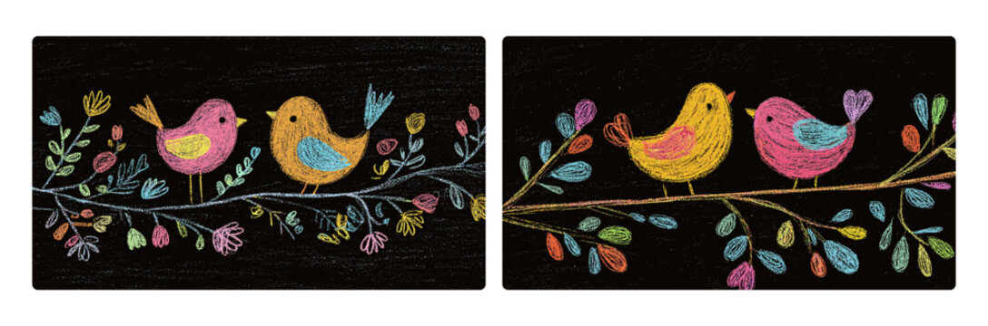 Bird branch chalk drawing. Two birds couple sitting on tree branches colorful leaves, school blackboard hand drawn chalkboard doodle crayon art spring songbird vector illustration